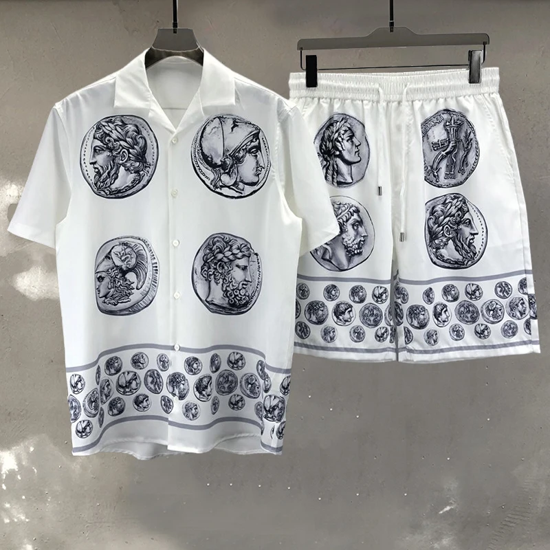 

Рубашка с воротником на пуговицах для мужчин, винтажная Гавайская блуза с короткими рукавами, Пляжная с лацканами в стиле хип-хоп, художественный портрет, лето