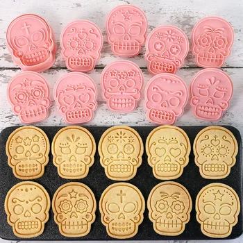 3D Plastic Halloween Cookie Cutter Cartoon Patterned Skull Biscuit Stamp Mold DIY Day of The Dead Pastry Cake Decorating Tools