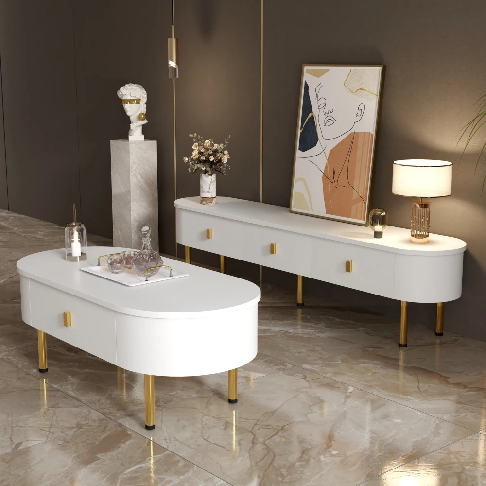 TV-Lowboard mit Schubladen – goldenen Griffen und Beinen, Design mit gebogenen Ecken, stilvoller TV-Schrank, Aufbewahrungsmöbel für Medien zu Hause – Detail 7