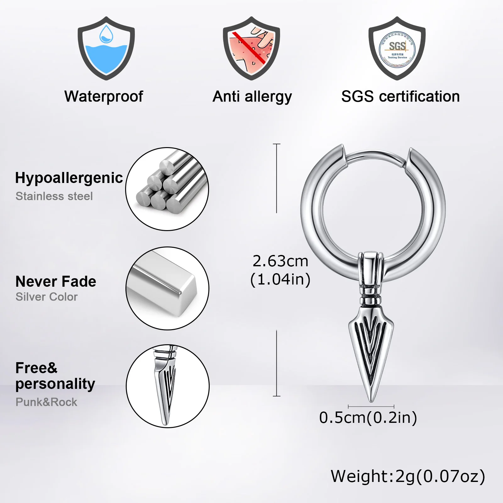 Punk Spear Hoop Earrings for Men Boys,Stainlesss Steel Triangular Pointed Huggies Earring,Anti Allergy Earring