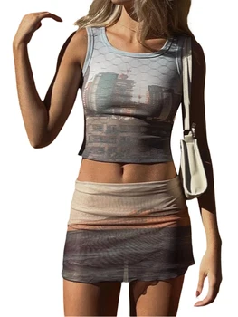 Women Summer 2 Pieces Outfits Fashion Print Sleeveless Crew Neck Tank Tops and Mesh Sheer Mini Skirts Set 1