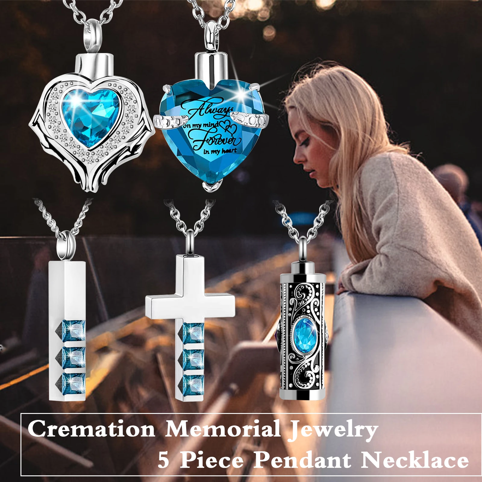 

5 Pack Urn Necklace for Ashes for Women Heart Cross Cylinder Cremation Jewelry for Ashes Memorial Keepsake Birthstone Pendant