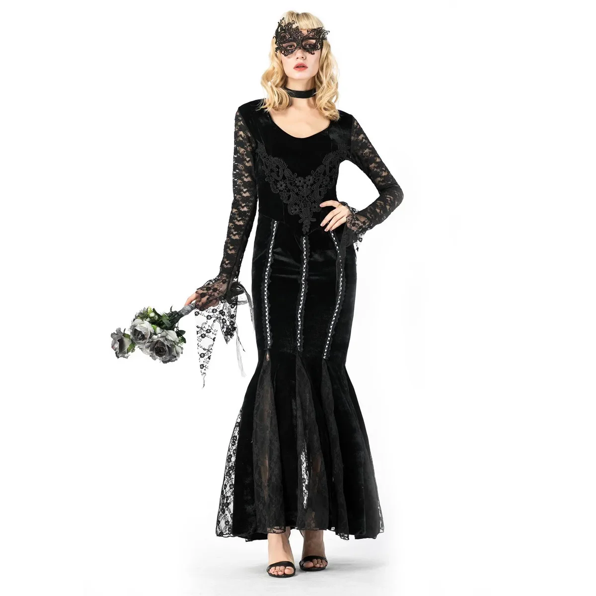 

Long Dress Ladies Halloween Costumes Sexy Party Dress Black Lace Vampire Earl Dress Trumpet dresses