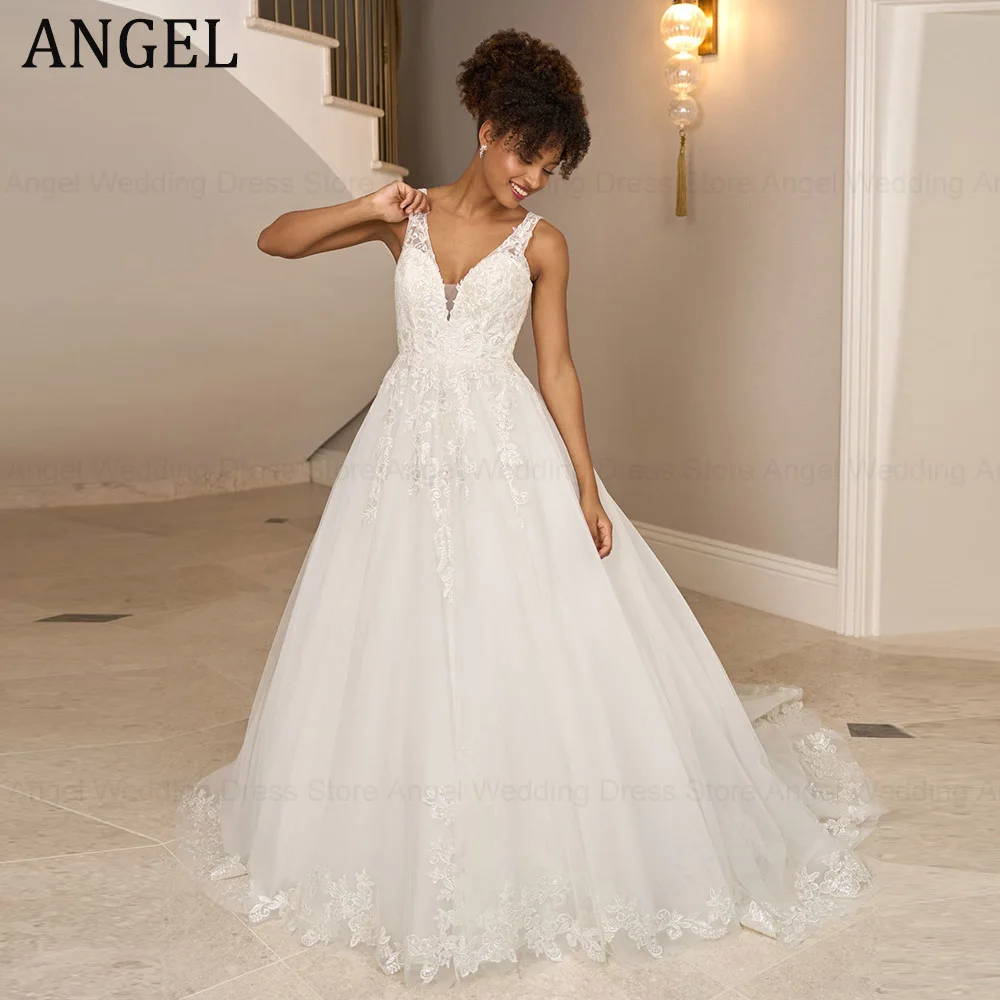 

ANGEL Sexy V-Neck Backless Wedding Dresses A-line vestidos de novia Princess Gorgeous Tulle Sleeveless For Bride Custom Made