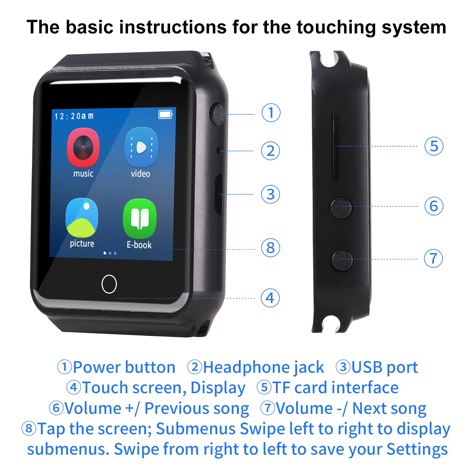 Metal Bluetooth Watch MP3 Music Player HiFi Audio Quality Bluetooth 5.0 support TF card FM FM/e-book/pedometer Wristband MP4 mp4 player music player mini media player