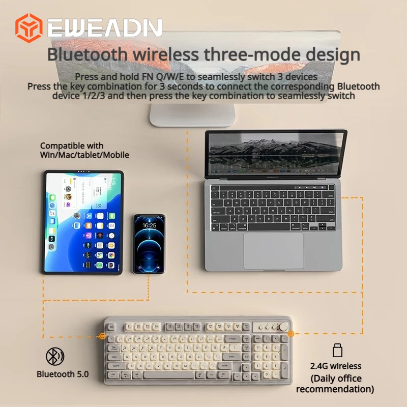 EWEADN V1 스타일리쉬 3-모드 무선 콤보 백라이트 저소음 키보드 마우스 인체공학적 데스크탑 키트