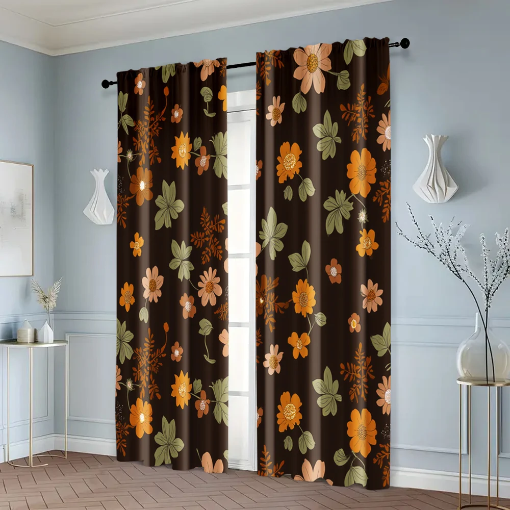 2pcs, Window Curtain Boho Leaf & Black Flower Peel 100% Polyester (without rod) Decorations For Home Use for Living Room, 6