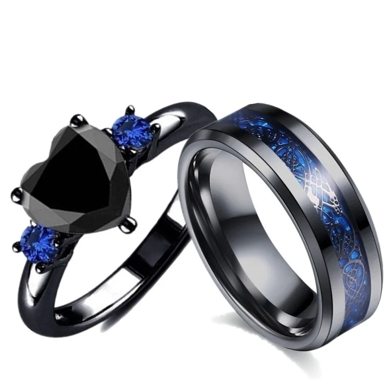 Popular Couple Romantic Couple Ring Fashion Jewelry Anniversary Wedding Black Heart Cubic Zirconia Ring Set