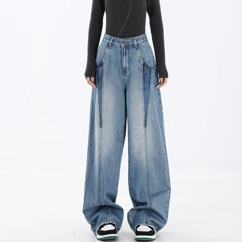 

Women's Loose Jeans Y2K Boyfriend Jeans Spliced Contrast Color Straight Pants Retro Washed Jeans 2024 Street