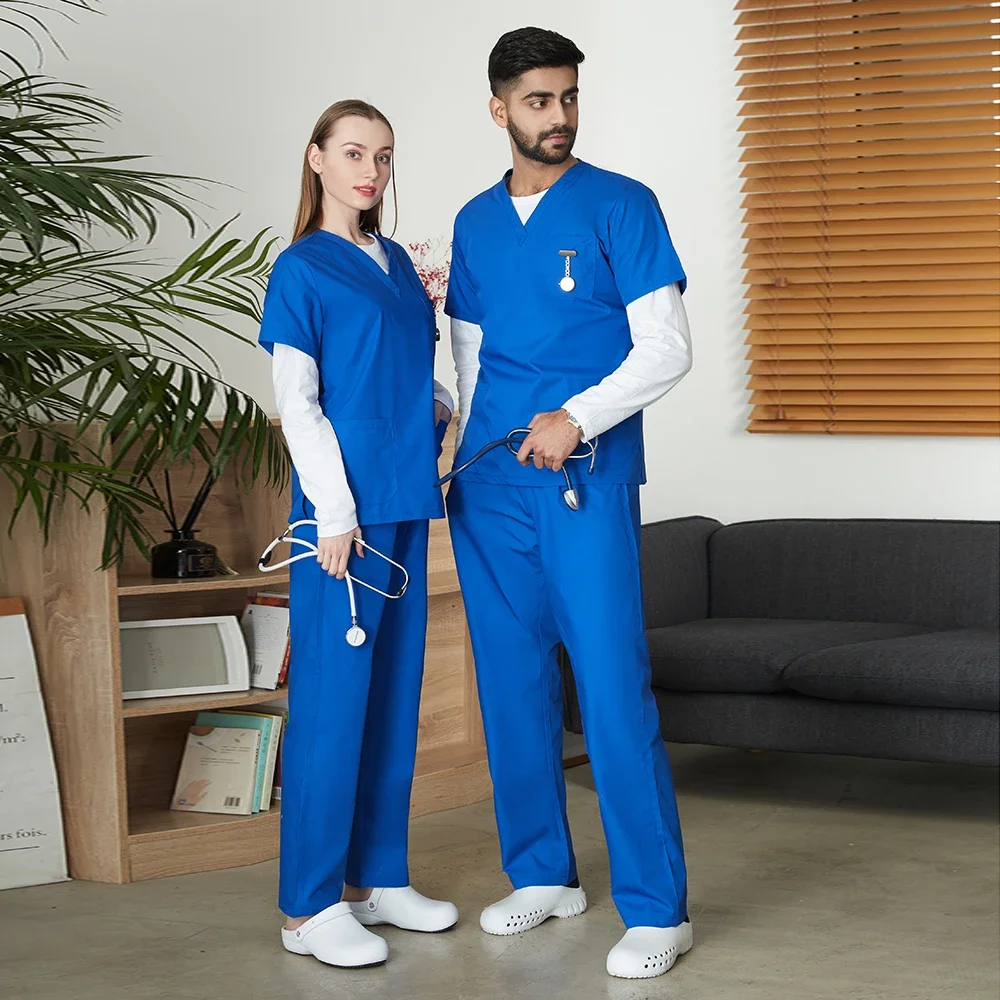 Men's Solid Color Medical Uniform Set Male Clinic Hospital Doctor Overalls V-neck Fashion Scrub Pharmacy Nurse Clothes