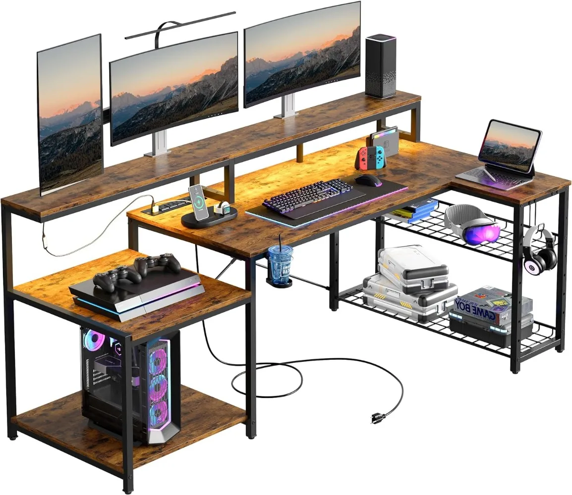 

Bestier 71.5 inch Computer Desk with Power Outlets, LED Large Home Office Desk with Monitor Stand, L Shaped Corner Desk
