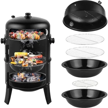 16 Inch Charcoal BBQ Smoker Grill,3-in-1 Portable Vertical Grill Cooker with Built-in Thermometers & Adjustable Vent Systems 1