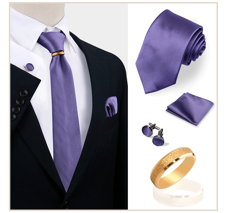 Luxus-Krawattenset in Uni-Farbe für Herren, Krawatte, Taschentuch, Manschettenknöpfe mit goldenem Metallring, Brosche, Anzug, Hochzeit, Herren-Accessoires – Detail 27