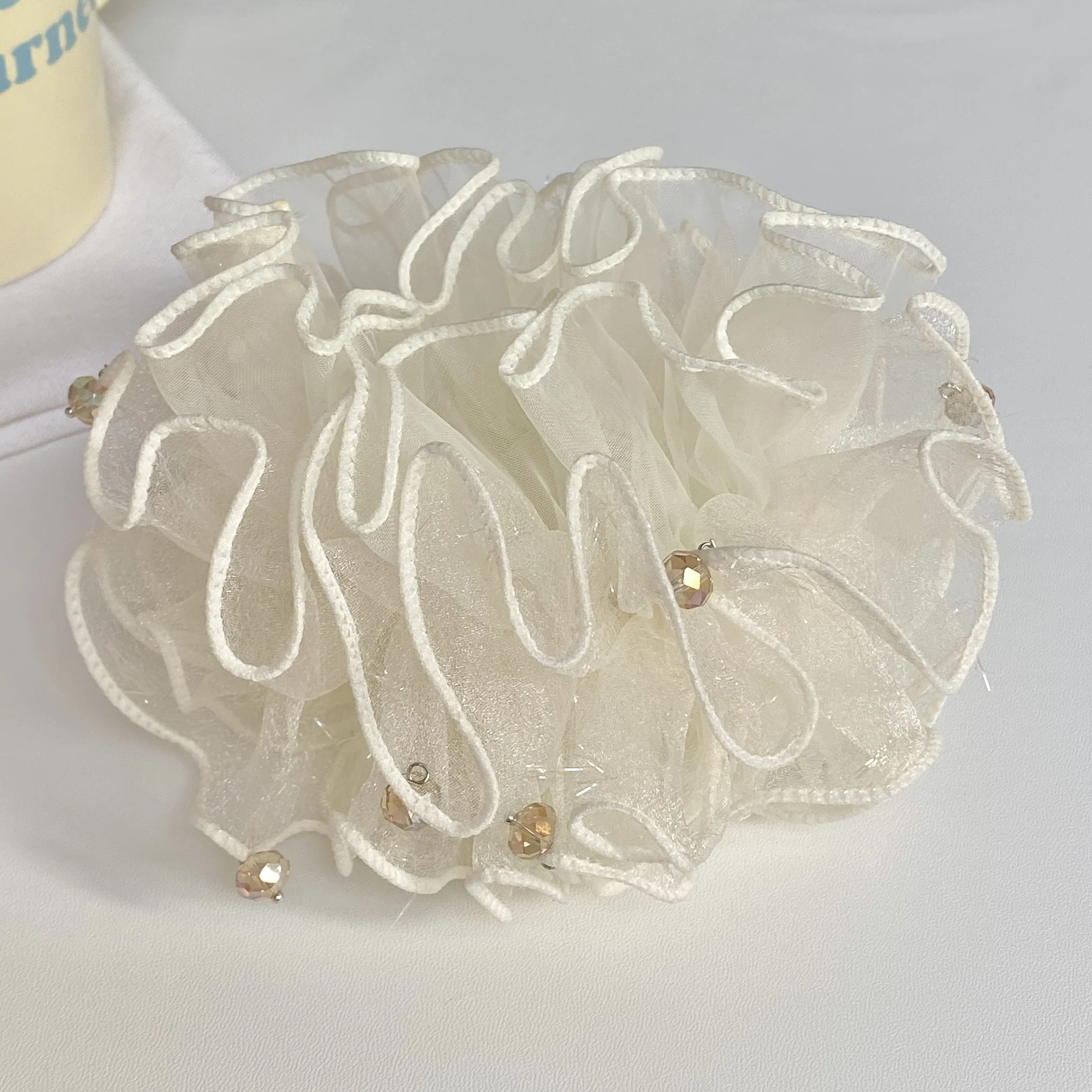 1PC Elegant White Organza Scrunchie With Crystal Beads: Romantic Ruffled Hair Accessory For Women, Perfect For Daily