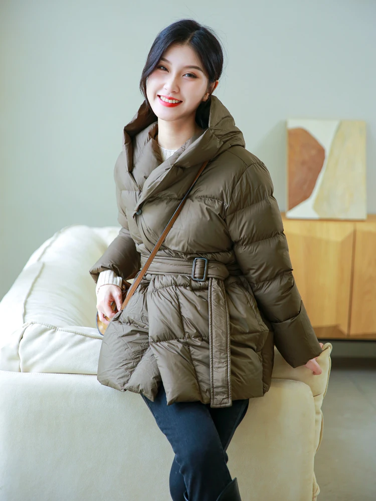 

Winter Puffer Coat Women 90% White Duck Down Black With Belt Short Hooded Down Jacket Thickened Parkas Soft Outwear