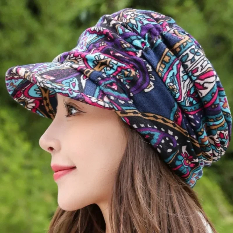 Floral Pattern Ethnic Warm Hat Winter Protection Retro Peaked Cap Thermal Soft Cotton Hats Beautify Appearance Thick Lining Caps