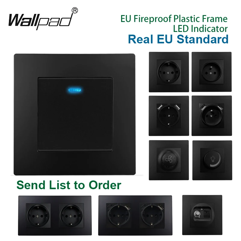 Matte Black EU ซ็อกเก็ตและสวิทช์ LED Wallpad พลาสติกม่านแสงพัดลม Dimmer Cat6 ข้อมูลภาษาฝรั่งเศสคํา Tel USB TV Outlet รอบด้านหลัง 1