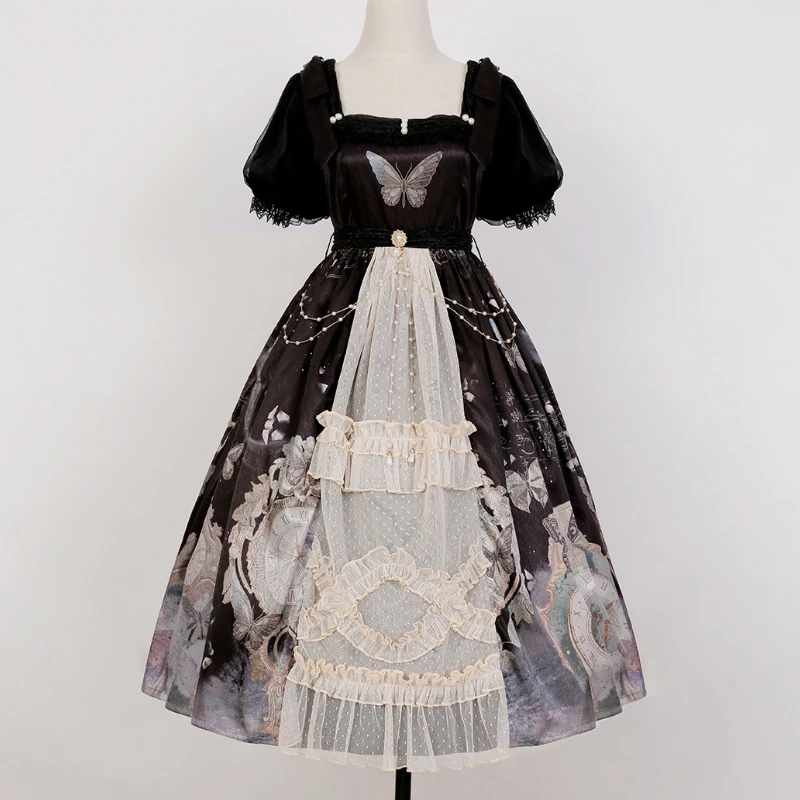 Victorian Gothic Lolita Dress Kawaii Women Sweet Lace Sleeve Blouses Butterfly Print Princess Skirt Vintage Elegance Lolita Sets