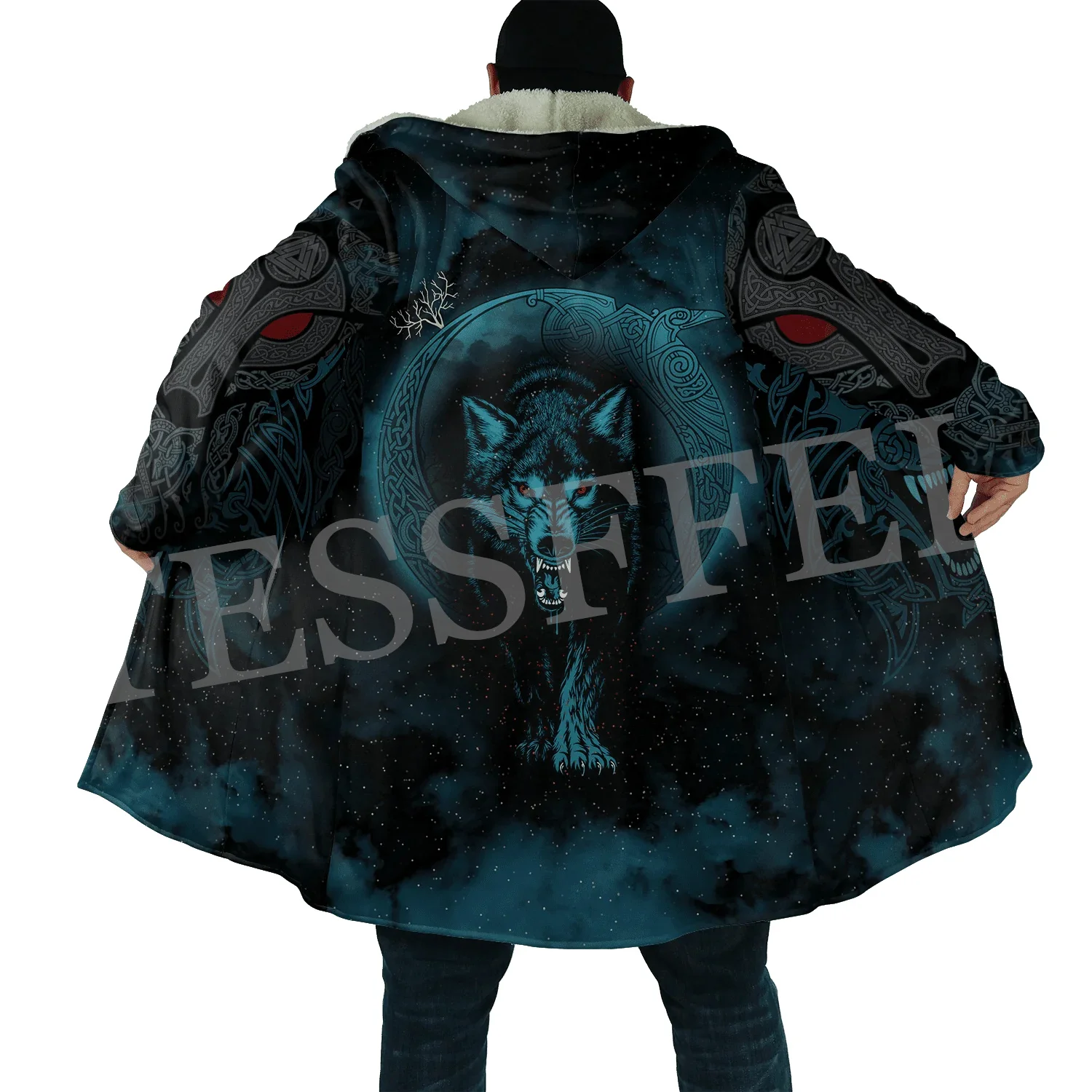 Wolf Fenrir Odin Nordic Warrior Mythology Tattoo Vintage Retro 3DPrint Windbreaker Winter Casual Hoodies Cloak Fleece Overcoat T