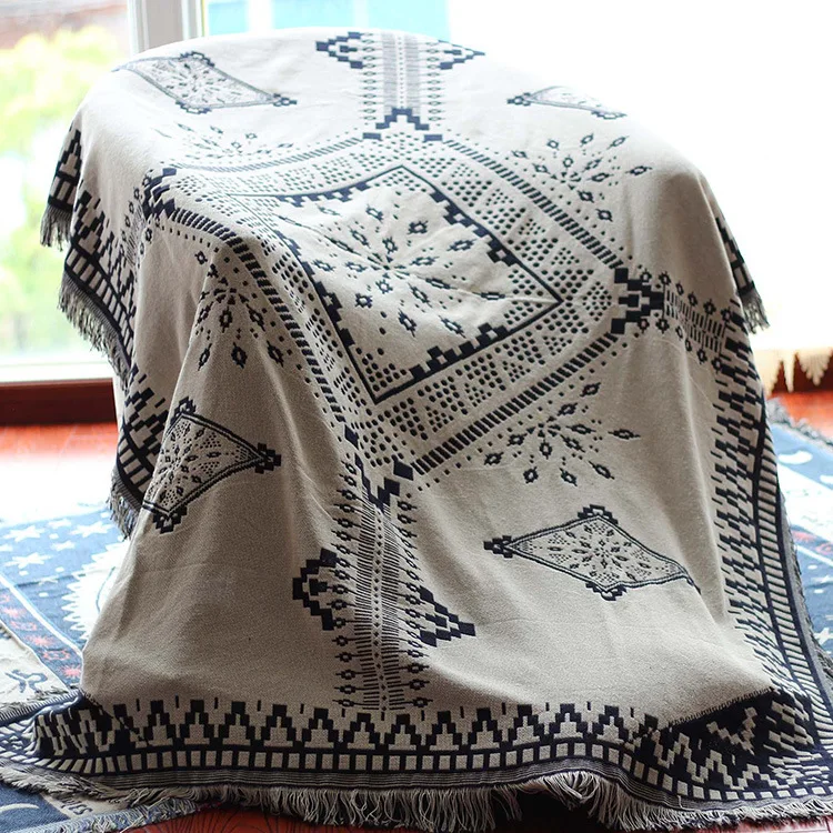 Double-sided Blankets Bohemian Geometric Pattern Thread Blanket Sofa/Bed/Plane Decorative Throws Knit Blanket With Tassel