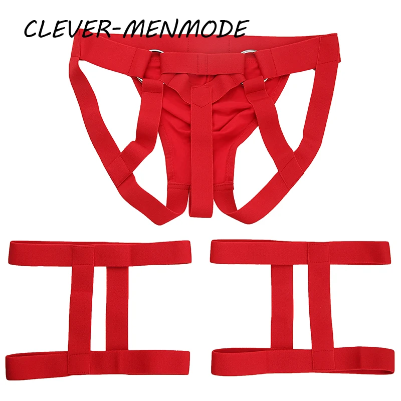 Men G String Thong Sexy Lingerie T-back Bulge Pouch Underwear Jockstrap Leg Harness Underpants with Metal Ring Garters Tanga men stretch g string panties men stretch thong underwear men lingerie briefs
