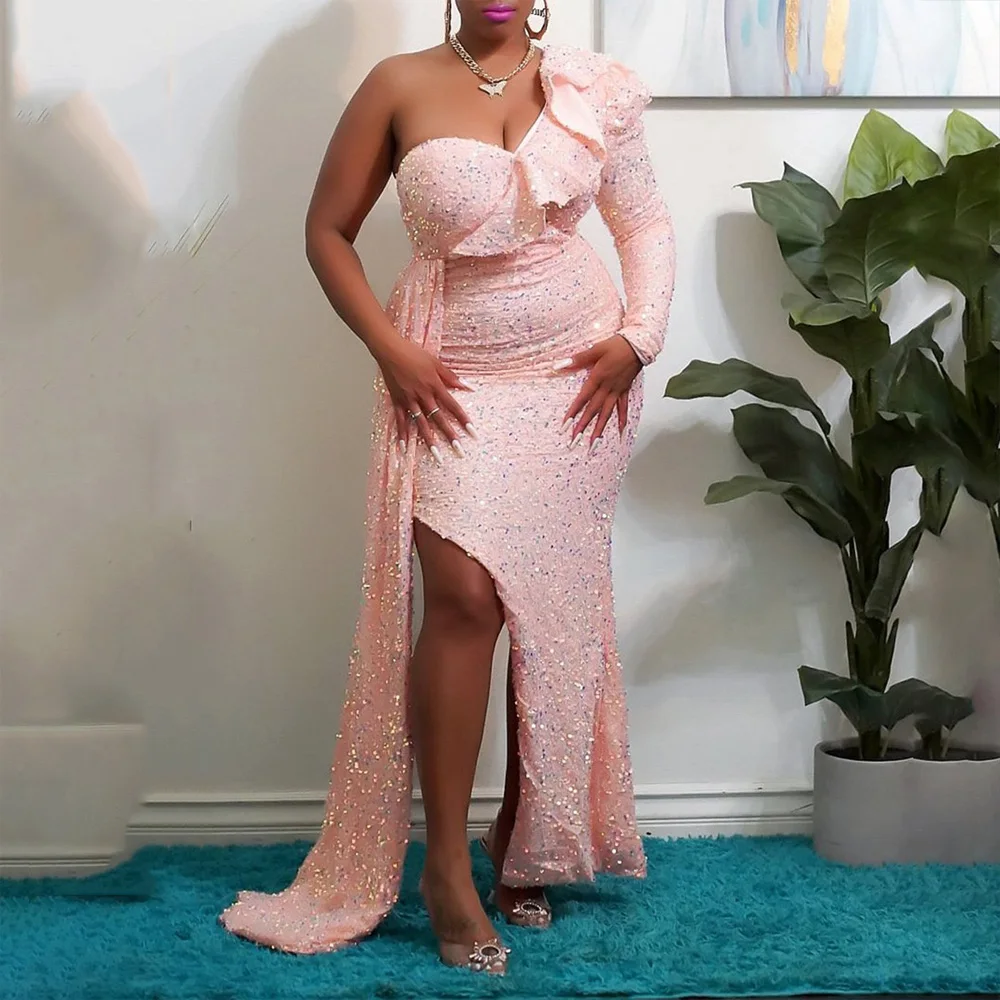 

Sexy Pink Sequined Dresses for Women One Shoulder Ruffles Side Split Floor Length Elegant Birthday Party Dinner Vestidos Mujer