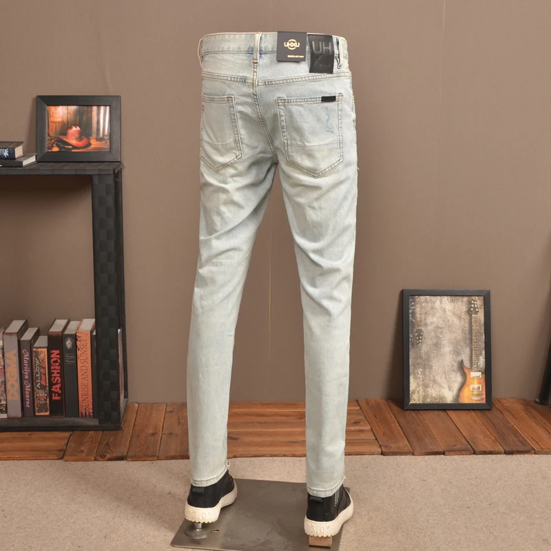 Summer Light Blue Ripped Patch Jeans Men Streetwear Casual Lightweight Vintage Slim Fit Denim Pants