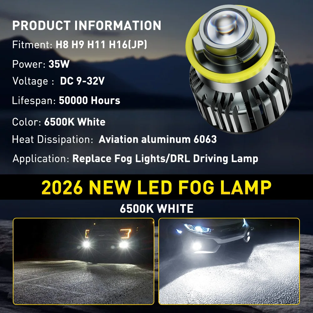 AUXITO 2개입 H8 프로젝터 LED 안개등 램프 H11 H9 H16(JP) 자동차 LED 안개등 HD 렌즈 DRL 6500K 화이트 CANBUS 초고휘도