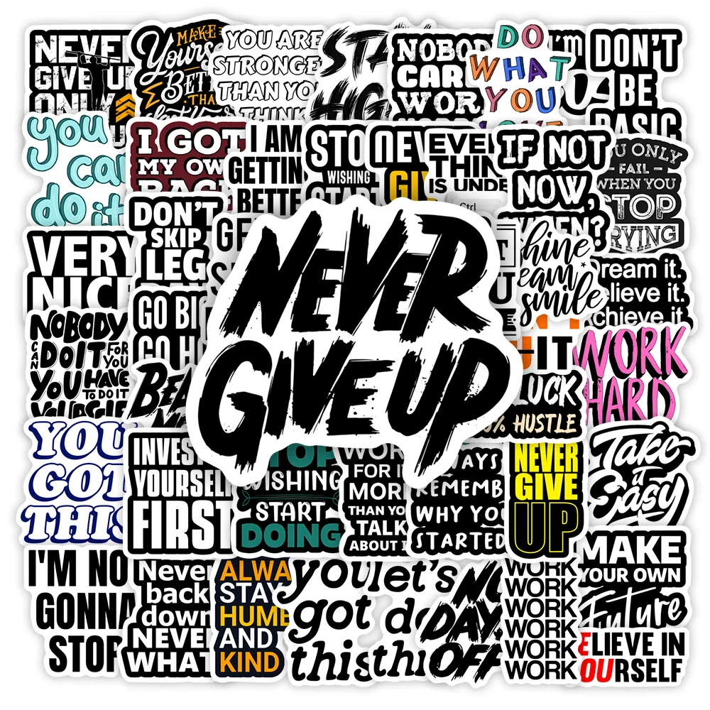 Collage of motivational phrases with 'Never Give Up' prominently displayed. Sets of 10, 30 and 64 pcs