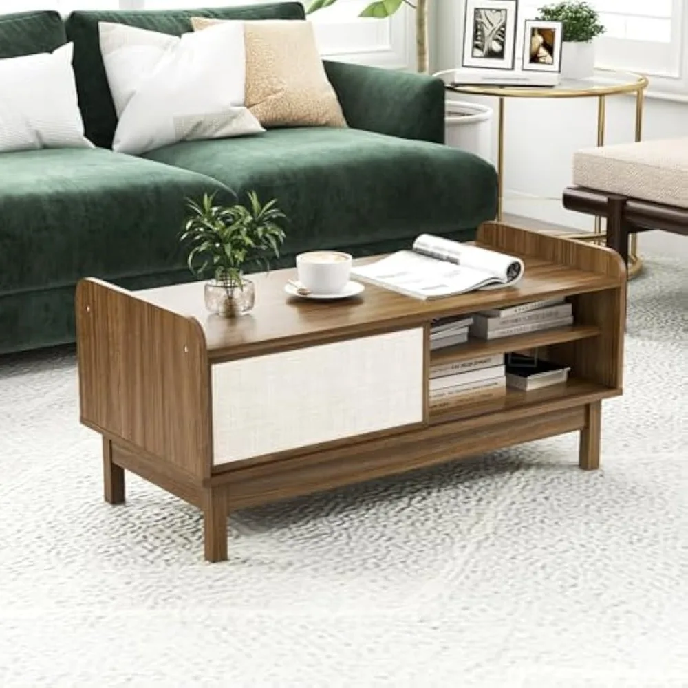 Coffee Table with Storage and Sliding Doors, Mid-Century Modern Coffee Table , Rattan Woven Door, Wooden Accent Center Tables 2