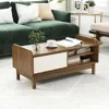 Coffee Table with Storage and Sliding Doors, Mid-Century Modern Coffee Table , Rattan Woven Door, Wooden Accent Center Tables 2