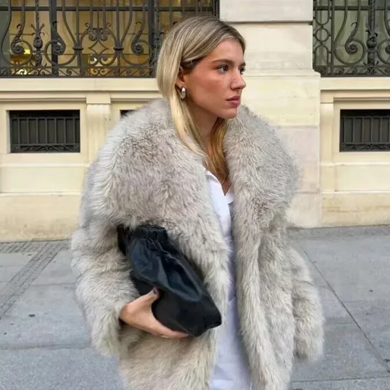 TRAF Womens Coats Winter Cropped Faux Fur Coat Women Autumn Long Sleeve Fluffy Black Jacket Outerwears Warm Plush Short Coats 4