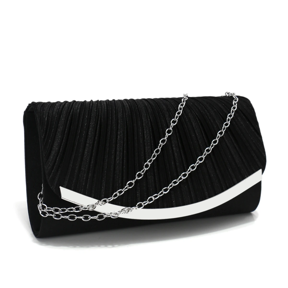 Glitter Satin Evening Clutch Handbag with Metal Chain