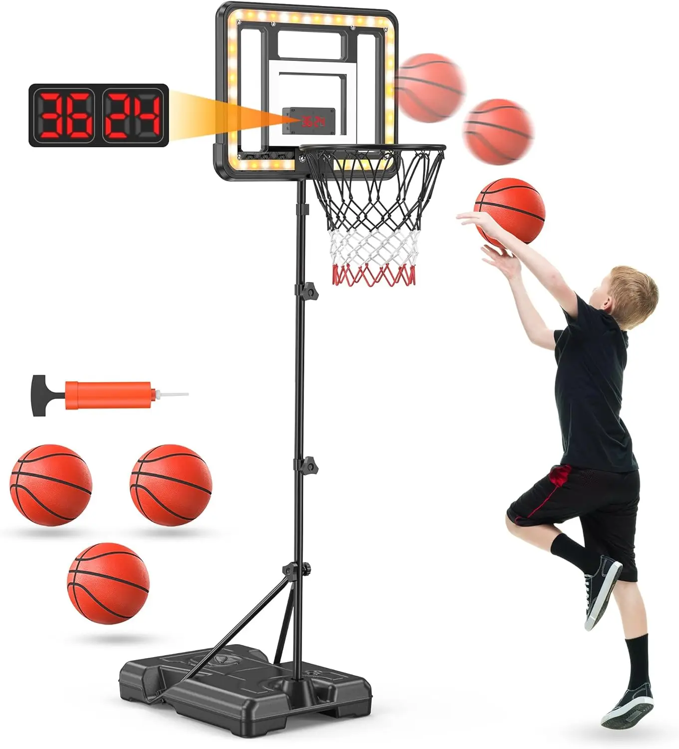 Adjustable Kids Basketball Hoop with Scoreboard & Timer, Indoor Outdoor Toy