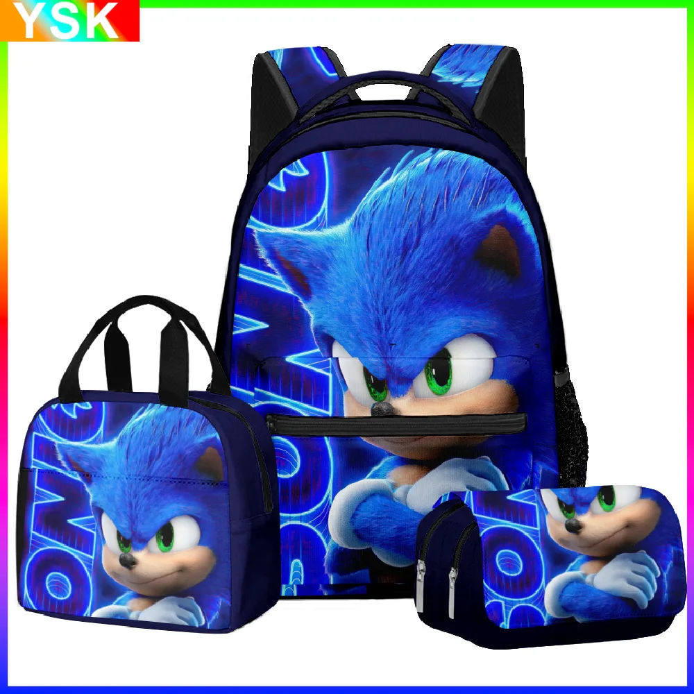 

3D New Printing Primary and Middle School Students Sonic Schoolbag Backpack Lunch Bag Pencil Case Three-piece Set