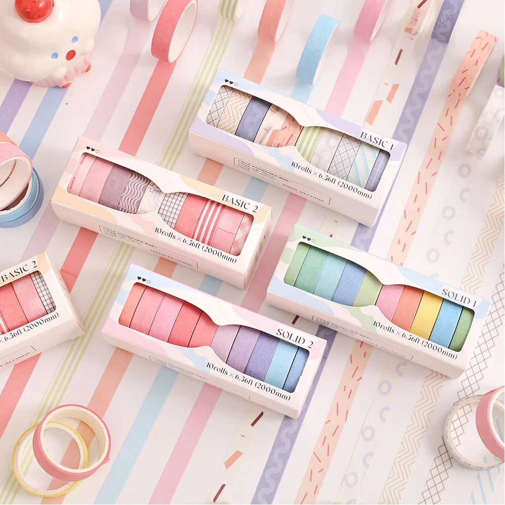 Colorful Slim Solid Color Washi Tape Set DIY Decorative Masking Tape Wrapping Scrapbooking Journaling Supplies 10 Rolls