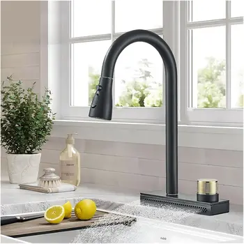 Black Kitchen Faucet With Rainfall Waterfall Wash 4 Function Brass Single Hole Pull Out Mixer Hot Cold Water Taps Deck Mounted