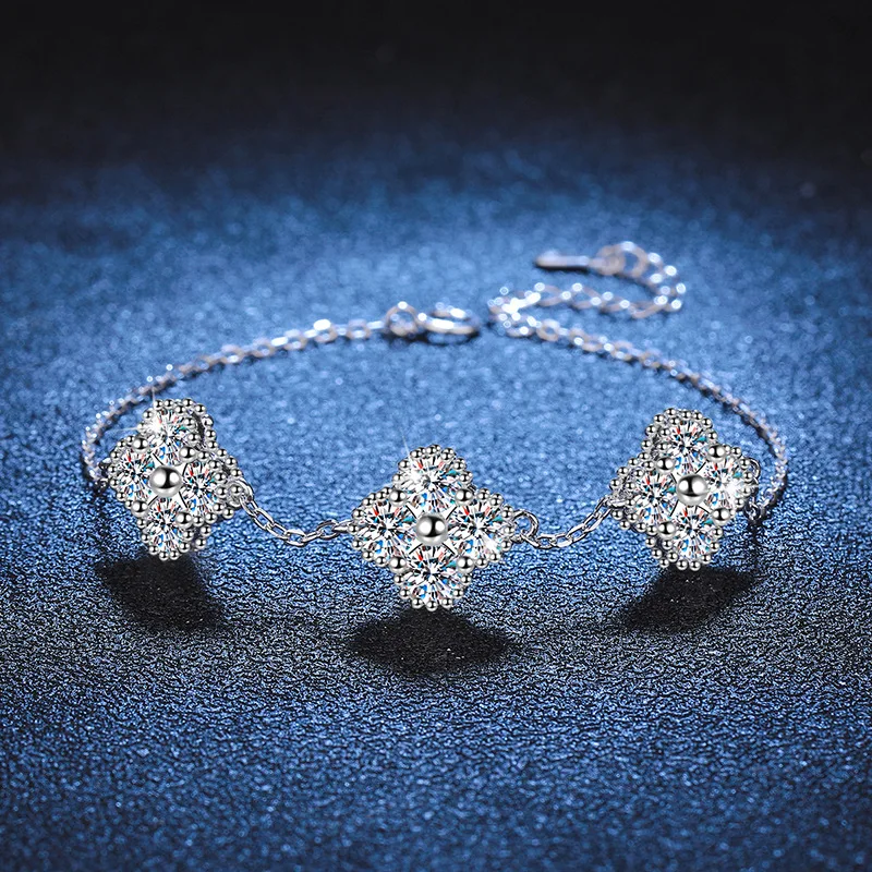 JECIRCON S925 Sterling Silver Moissanite Bracelet for Women Fashion Full Diamond Flower High-end Design Grace Hand Chain Jewelry