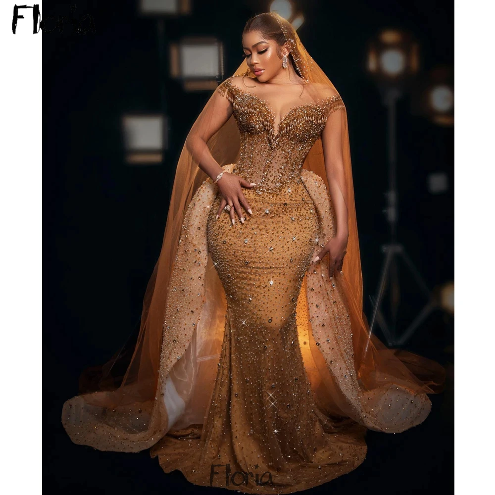 

Full Gold Pearls Luxury Evening Dress With Detachable Train Sheer Neck Short Sleeve Mermaid Wedding Party Gowns Handmade Robes