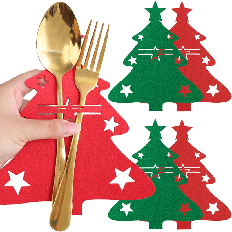 4PcsFeltChristmasTablewareHolderBagsXmasTreeSnowflakeKnife