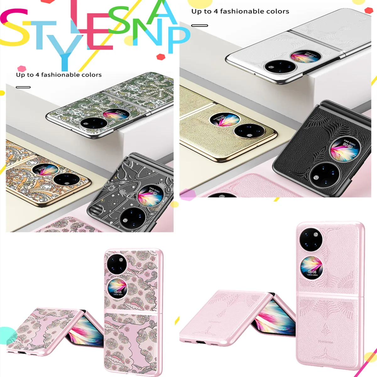 Plating Frame Relief Pattern For Huawei P50 Pocket ,Embossed Leather Shell For Pocket S With Round Bezel Against Falling