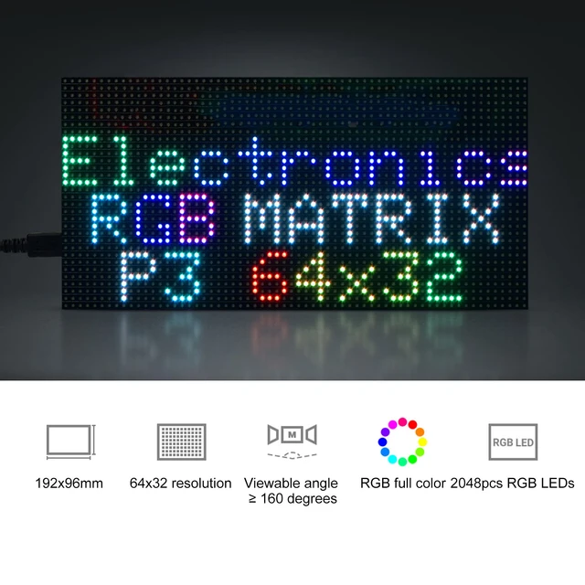 LED Matrix Panel RGB 64x32 Pixels 3mm Pitch 2048 Individual RGB LEDs  Adjustable Brightness Full Color