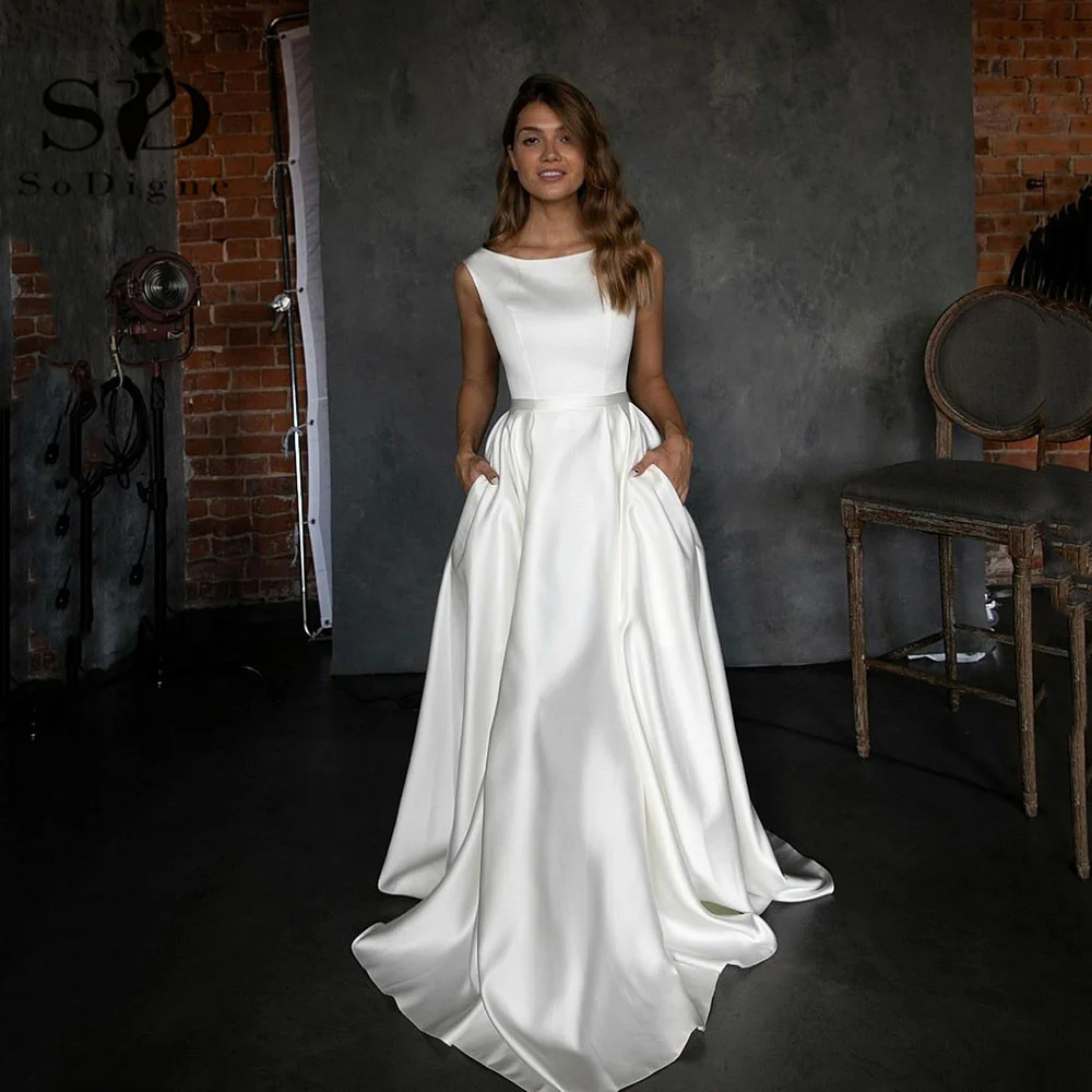 

SoDigne Elegant Satin Wedding Dresses Sleeveless With Pockets Bride Gown Women Wedding Gown Vestido de novia 2022