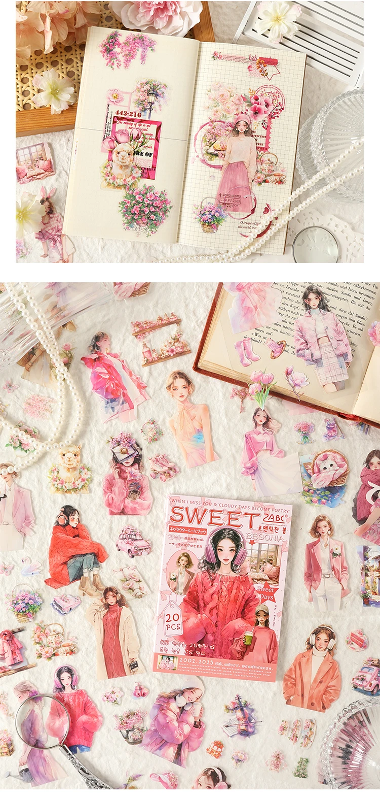 20 Blatt PET gestanzte Aufkleber Buch Mädchen Pflanze Blumen dekorative handgemachte Scrapbooking Material Tagebuch Album Bastelbedarf – Detail 13