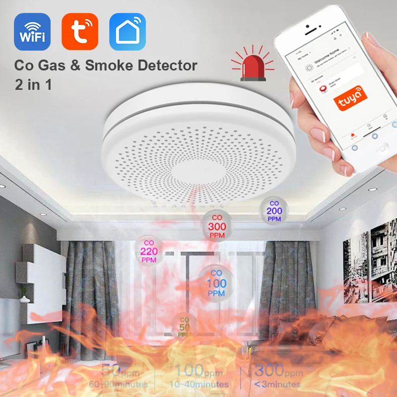 Датчик дыма Tuya и Smart Life 2 в 1 Wi-Fi детектор газа со звуковой сигнализацией |