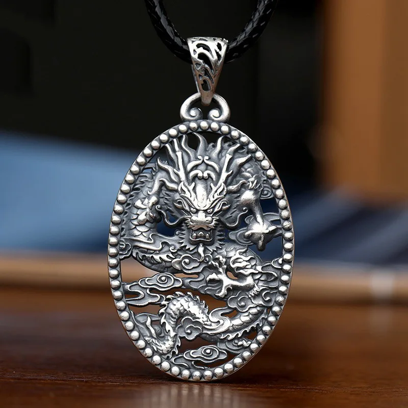 925 Thai Silver Masculine and Dominant Nine Dragon Pendant Vintage Wind Xiangyun Dragon Classic Round Men's Necklace Jewelry