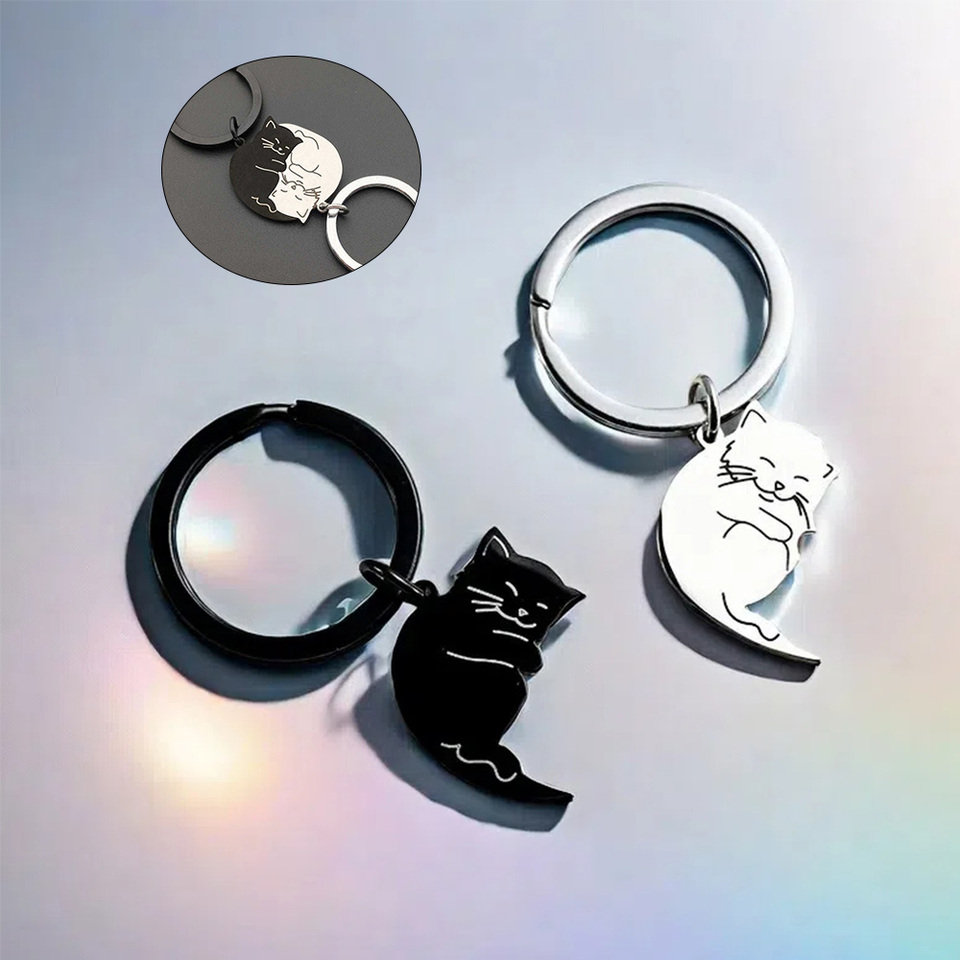 Matching Cat Keychain Set for Couples Stainless Steel Cat Lovers Gift for Boyfriend Cute Keyring Lovers Matching Couple Pendant