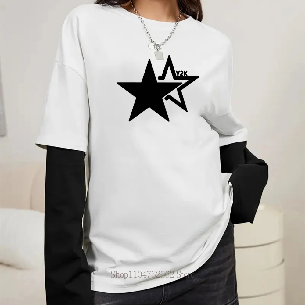 Women Star Y2K Print Graphic Fake Two Long Sleeved T-shirts Fashion Gothic Retro Casual Loose Fake Two Long Sleeved T Shirt 2