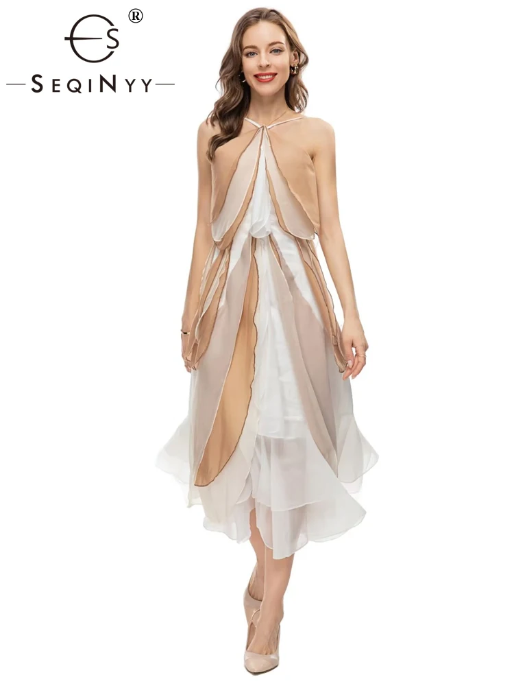 

SEQINYY Sexy Elegant Dress Summer Spring New Fashion Design Women Runway High Street Backless Layers Ruffles Casual A-Line