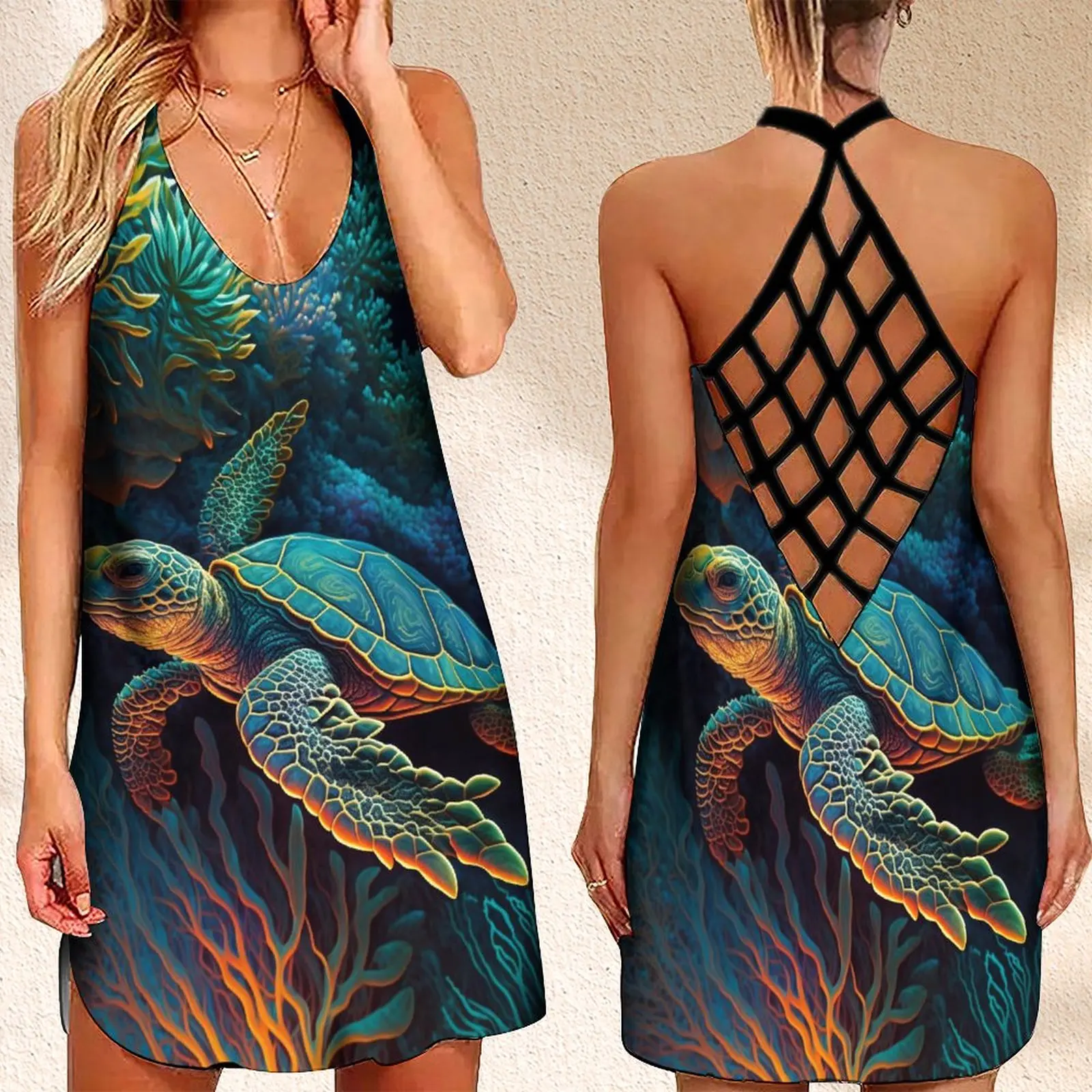 

Summer Women's Criss Cross Backless Sleeveless Dress Sexy Dresses For Women Leaf Turtle Print Female Dress